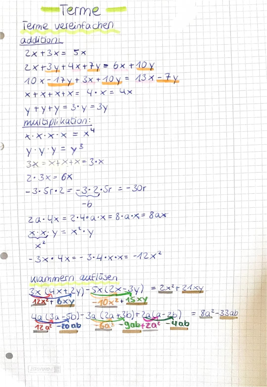 REGELN BEL
termen
Terme umformen.
Kommen bei Termen die gleichen Variablen vor, dann
darf man diese zusammenfassen.
X+X+X = 3x
2y+3y + 1y = 