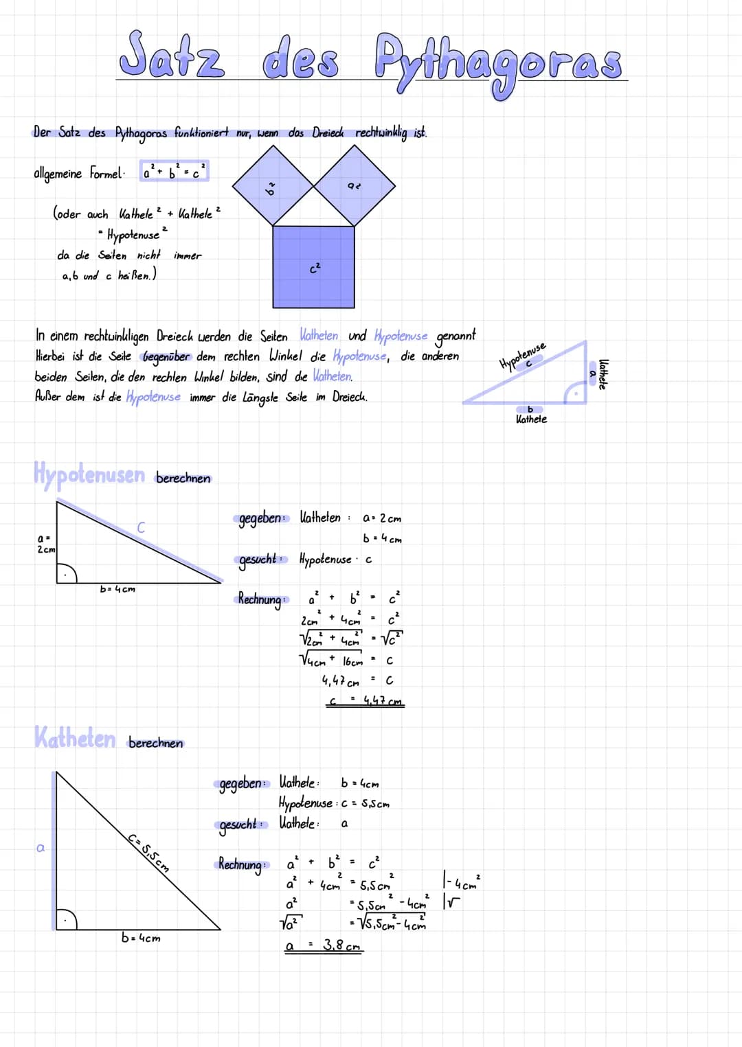 Der Satz des Pythagoras funktioniert nur, wenn das Dreieck rechtwinklig ist.
allgemeine Formel a² + b ² = c²
Satz des Pythagoras
(oder auch 