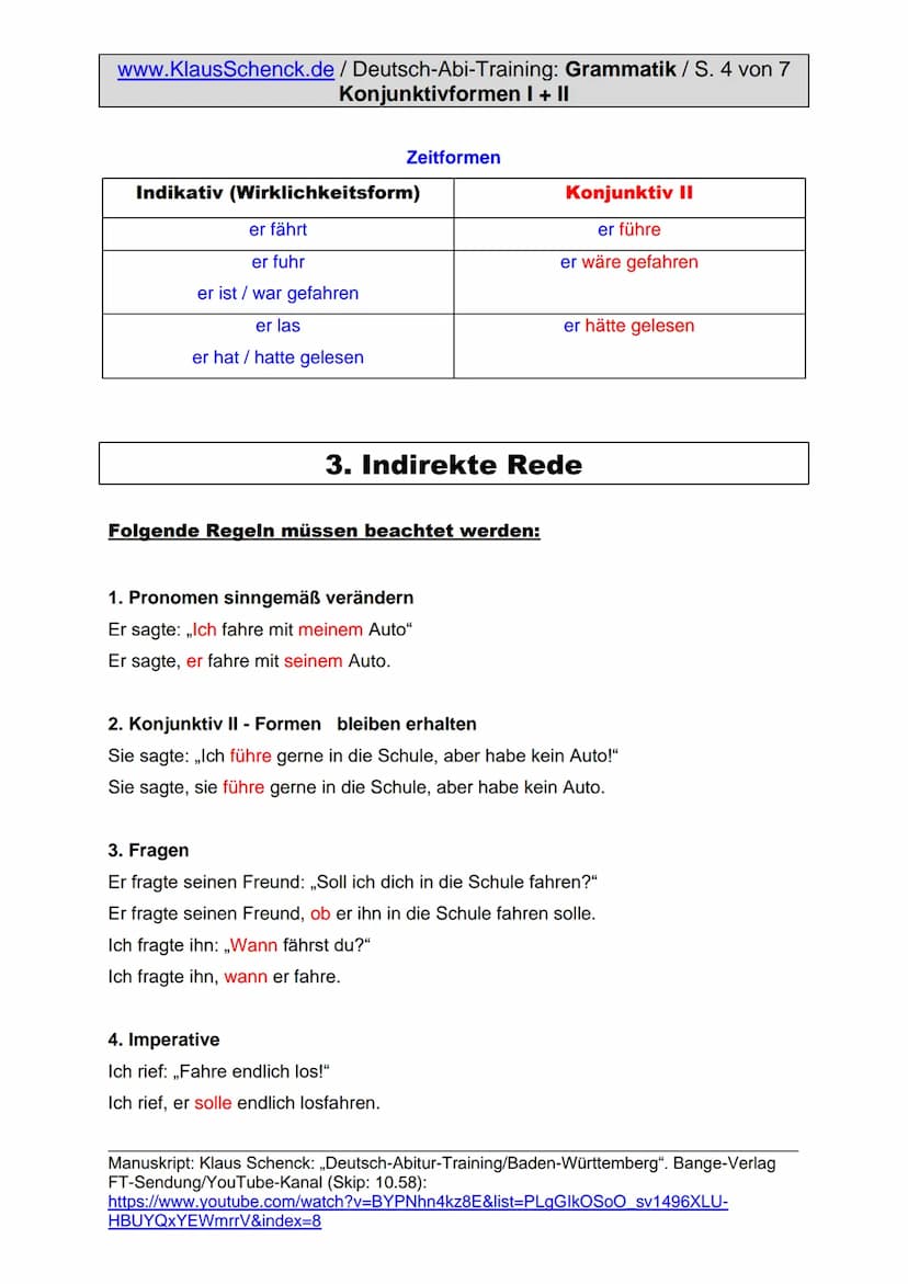 www.KlausSchenck.de/ Deutsch-Abi-Training: Grammatik / S. 1 von 7
Konjunktivformen I + II
Konjunktivformen I + II
●
an den Infinitivstamm we