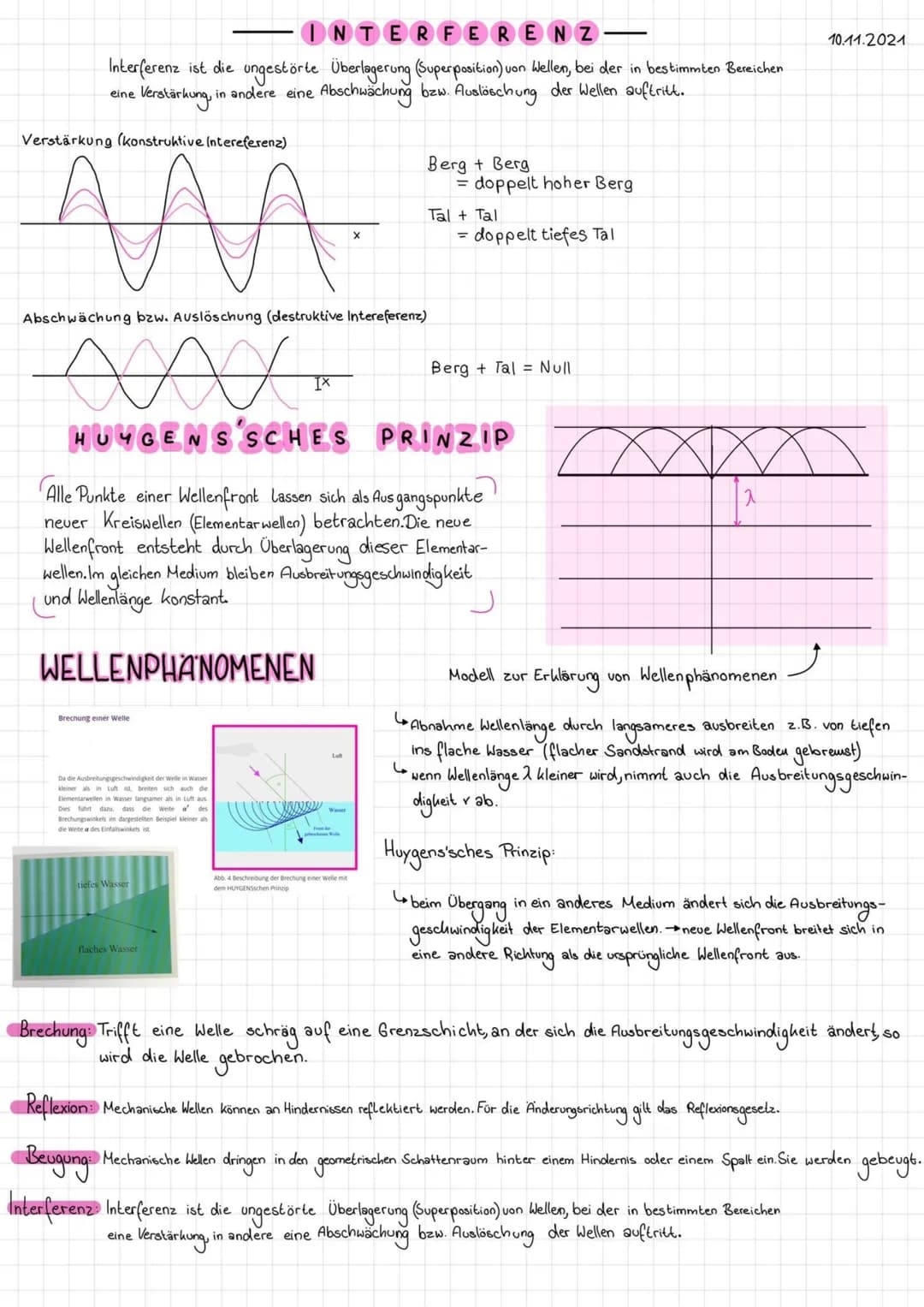 INTERFERENZ
Interferenz ist die ungestörte Überlagerung (Superposition) von Wellen, bei der in bestimmten Bereichen
Verstärkung, in
in ander