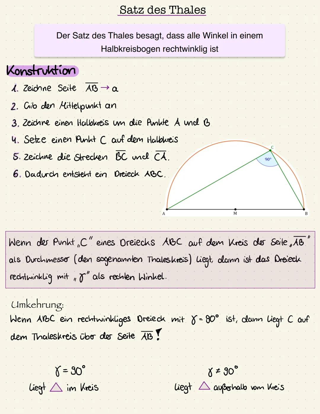 # Satz des Thales

Der Satz des Thales besagt, dass alle Winkel in einem
Halbkreisbogen rechtwinklig ist

# Konstruktion

1. Zeichne Seite $