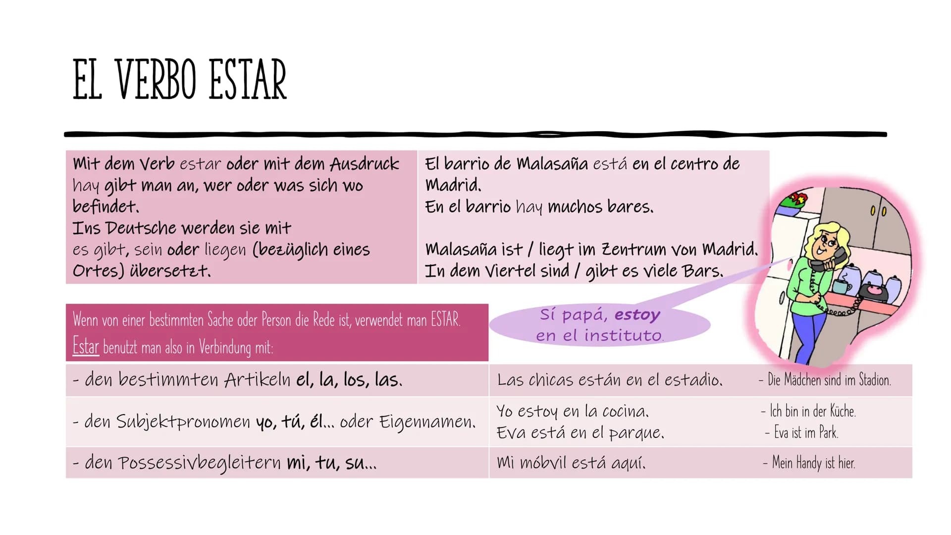 Ser, estar,
hay, tener
•●●●
●●●●●●
Kibir
●● EL VERBO ESTAR
Yo
ти
Él, ella / usted
Nosotros, as
Vosotros,- as
Ellos, as/ ustedes
estar
Estoy
