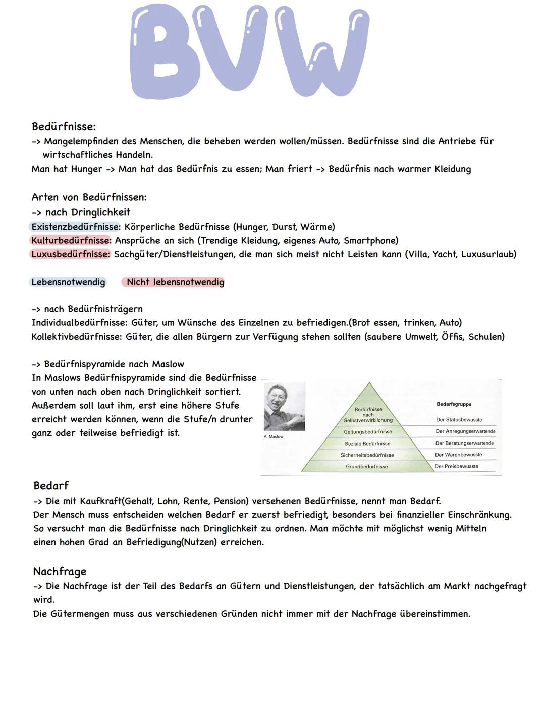 # BVW

Bedürfnisse:
-> Mangelempfinden des Menschen, die beheben werden wollen/müssen. Bedürfnisse sind die Antriebe für
wirtschaftliches Ha