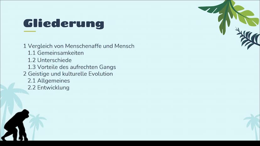 EVOLUTION
DES MENSCHEN
12. Klasse
統 STICHPUNKTZETTEL
Gliederung
1 Vergleich von Menschenaffe und Mensch
1.1 Gemeinsamkeiten
1.2 Unterschiede
