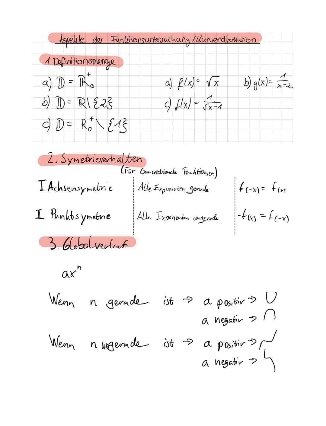 Aspekte der Funktionsuntersuchung / Kurvendismuusion
1. Definitionsmenge
+
a) D = R²₁
b) D = R1 {2}
c) 1D = R + \ { 1 }
M
2. Symetrieverhalt