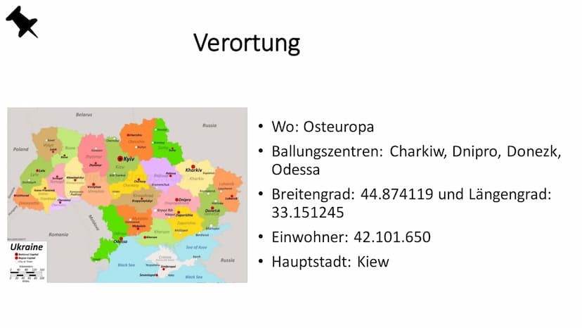 Ukraine
Habt Ihr euch schon einmal gefragt, ob die
Ukraine ein Schwellenland oder
Entwicklungsland ist? ER
Überblick
●
●
Verortung
Lage/Gest