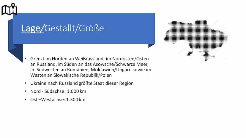 Ukraine
Habt Ihr euch schon einmal gefragt, ob die
Ukraine ein Schwellenland oder
Entwicklungsland ist? ER
Überblick
●
●
Verortung
Lage/Gest