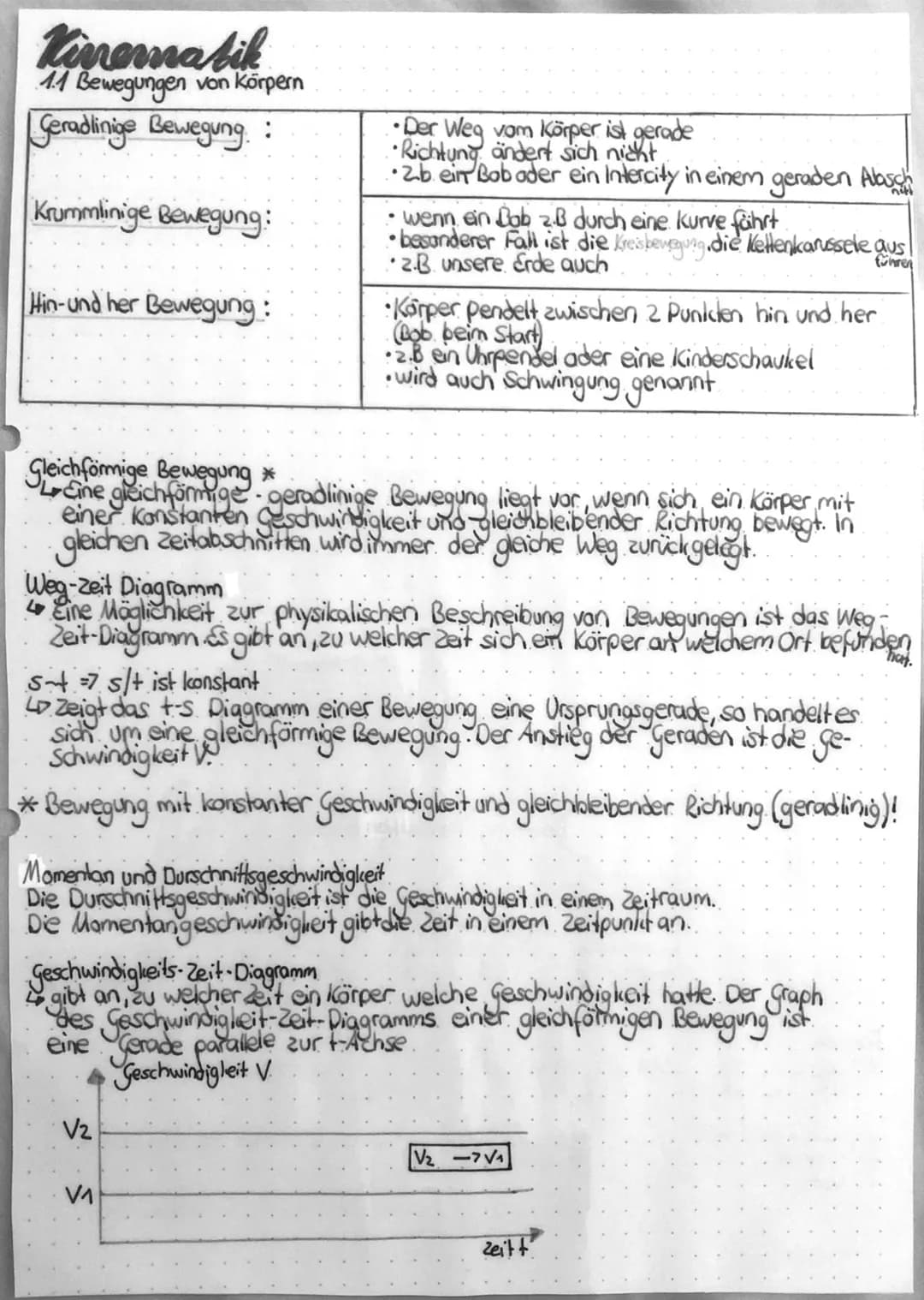 Kinematik
1.1 Bewegungen von Körpern
Geradlinige Bewegung:
Krummlinige Bewegung:
Hin-und her Bewegung:
•Der Weg vom Körper ist gerade
•Richt