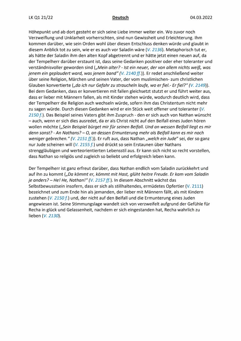 LK Q1 21/22
Deutsch
Aufgabe:
Beschreiben und deuten Sie den Monolog des Tempelherren (3.8), indem Sie
- kurz in das Drama einführen (Textdat