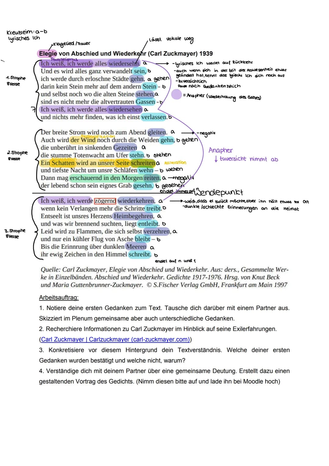 Kreuzreim: a-b
lyrisches Ich
1. Strophe
8verse
2.Strophe
8 verse
3. Strophe
8 Verse
Lässt vokale weg
> klagelied / Trauer
Elegie von Abschie