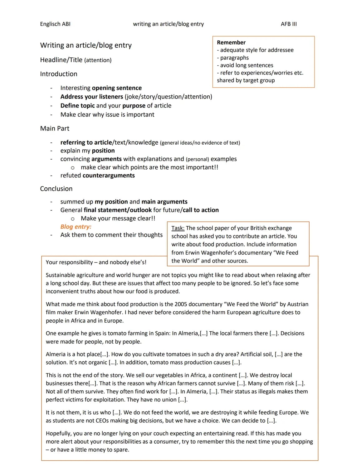 Englisch ABI
Writing an article/blog entry
Headline/Title (attention)
Introduction
-
Interesting opening sentence
Address your listeners (jo