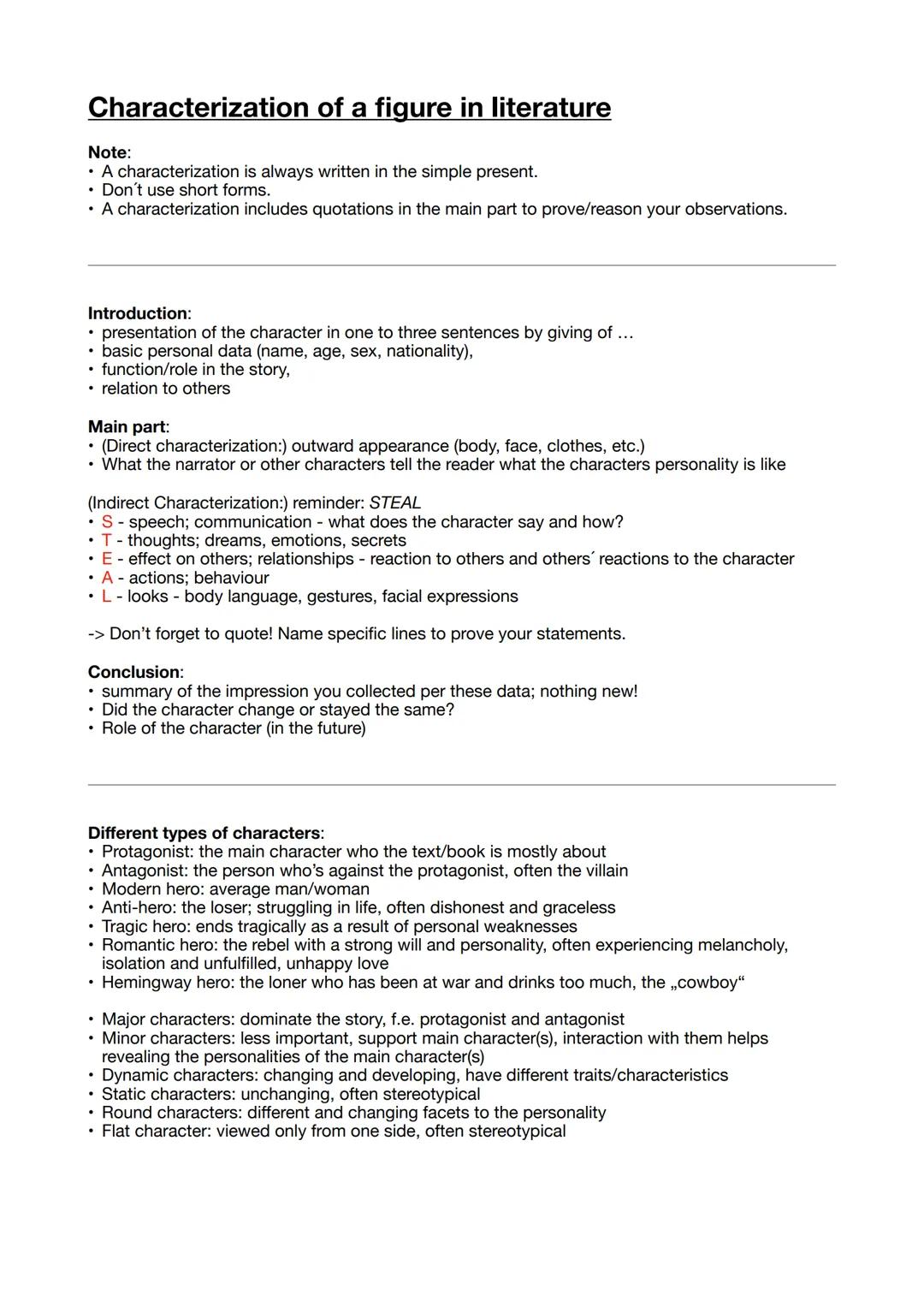 # Characterization of a figure in literature

Note:
- A characterization is always written in the simple present.
- Don't use short forms.
-