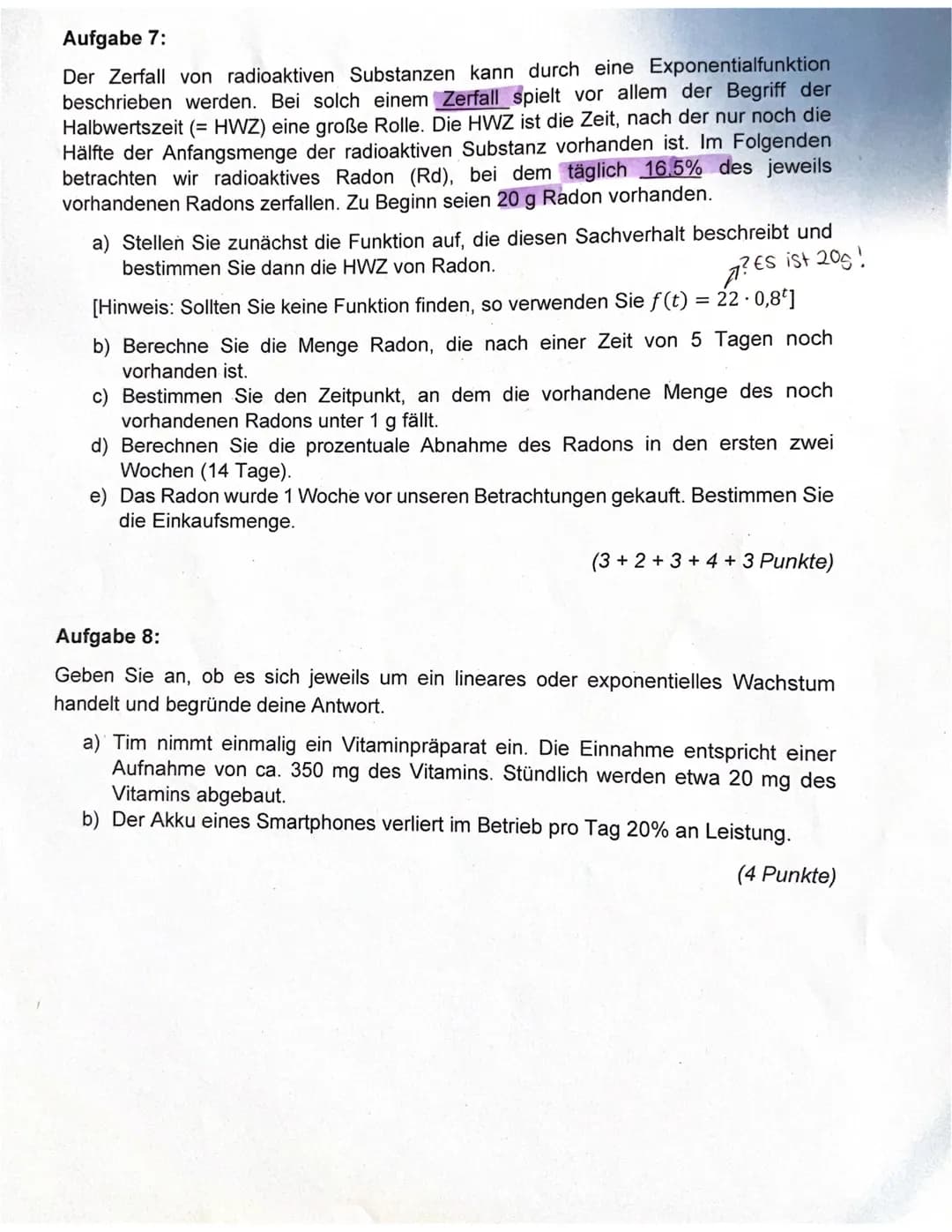 Aufgaben ohne Hilfsmittel
Aufgabe 1:
Lösen Sie folgende Exponentialgleichungen.
a) 2x-2 = 64
b) 3x = -1/1
c) 4²x+1 = 1
d) 27* = 3
Aufgabe 2: