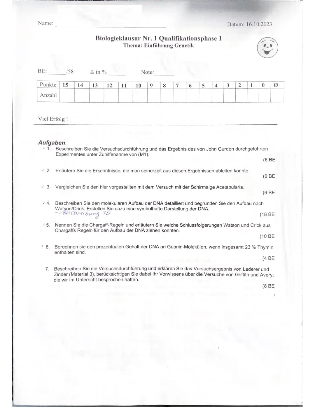 Name:
BE:
158
Viel Erfolg!
Biologieklausur Nr. 1 Qualifikationsphase 1
Thema: Einführung Genetik
Punkte 15 14 13 12
Anzahl
in %
4.
11
Note:
