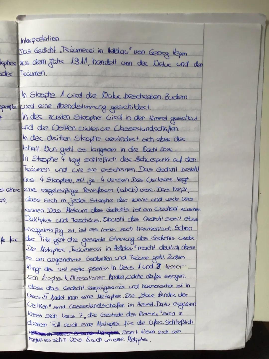 Träumerei in Hellblau Gedichtanalyse - Gedicht im Expressionismus