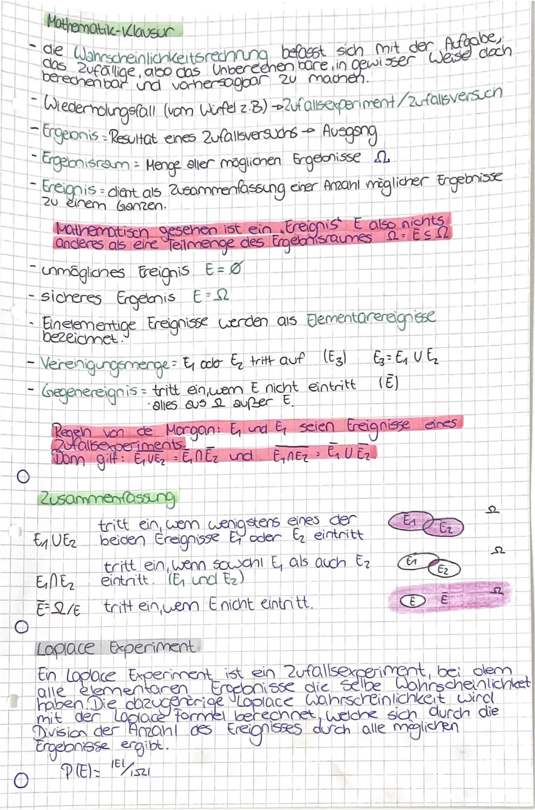 Mathematik-Klausur
- Ergebnisraum = Menge aller möglichen Ergebnisse
- Ereignis = dient als Zusammenfassung einer Anzahl möglicher Ergebniss