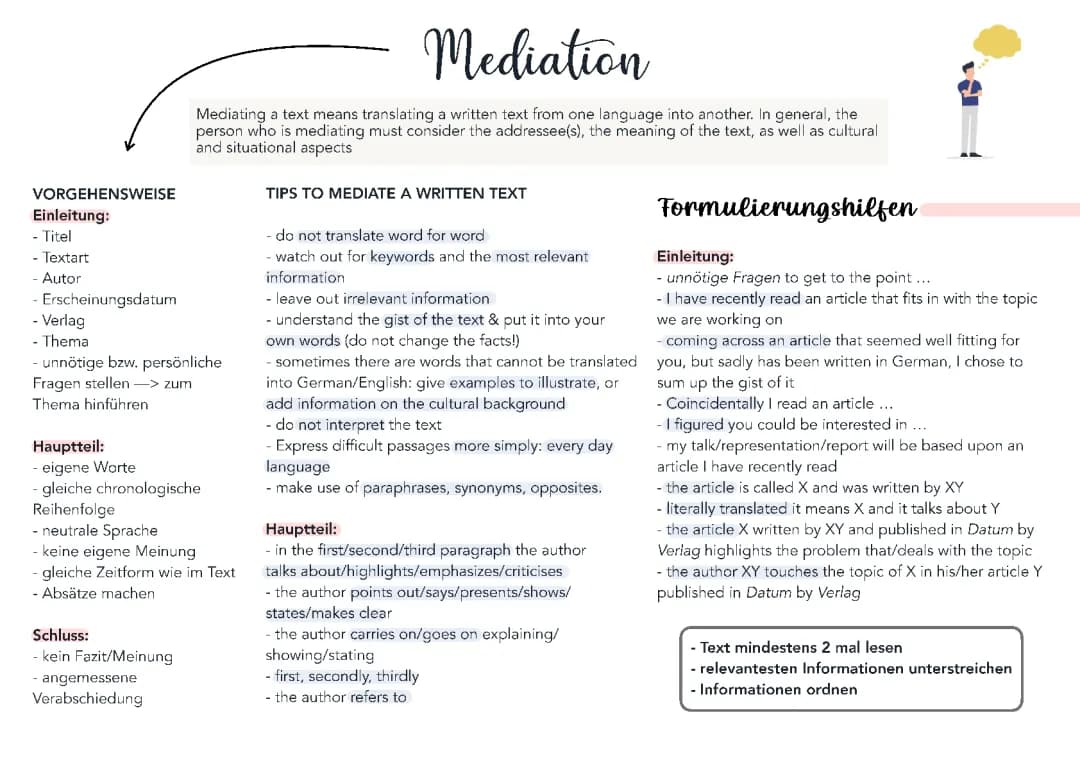 Englisch Mediation Beispiele und Übungen mit Lösungen für Klasse 8 und 10