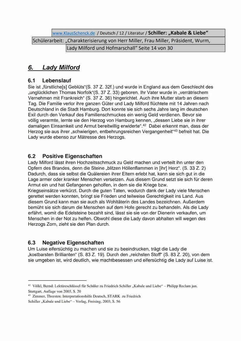 www.KlausSchenck.de / Deutsch / 12/ Literatur / Schiller: „Kabale & Liebe"
Schülerarbeit: ,,Charakterisierung von Herr Miller, Frau Miller, 