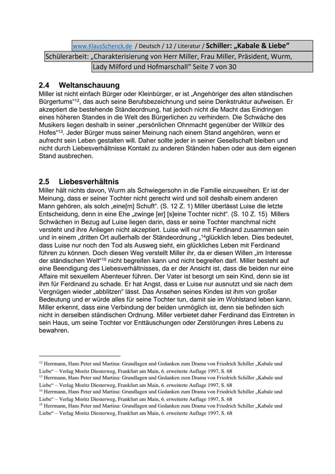 www.KlausSchenck.de / Deutsch / 12/ Literatur / Schiller: „Kabale & Liebe"
Schülerarbeit: ,,Charakterisierung von Herr Miller, Frau Miller, 