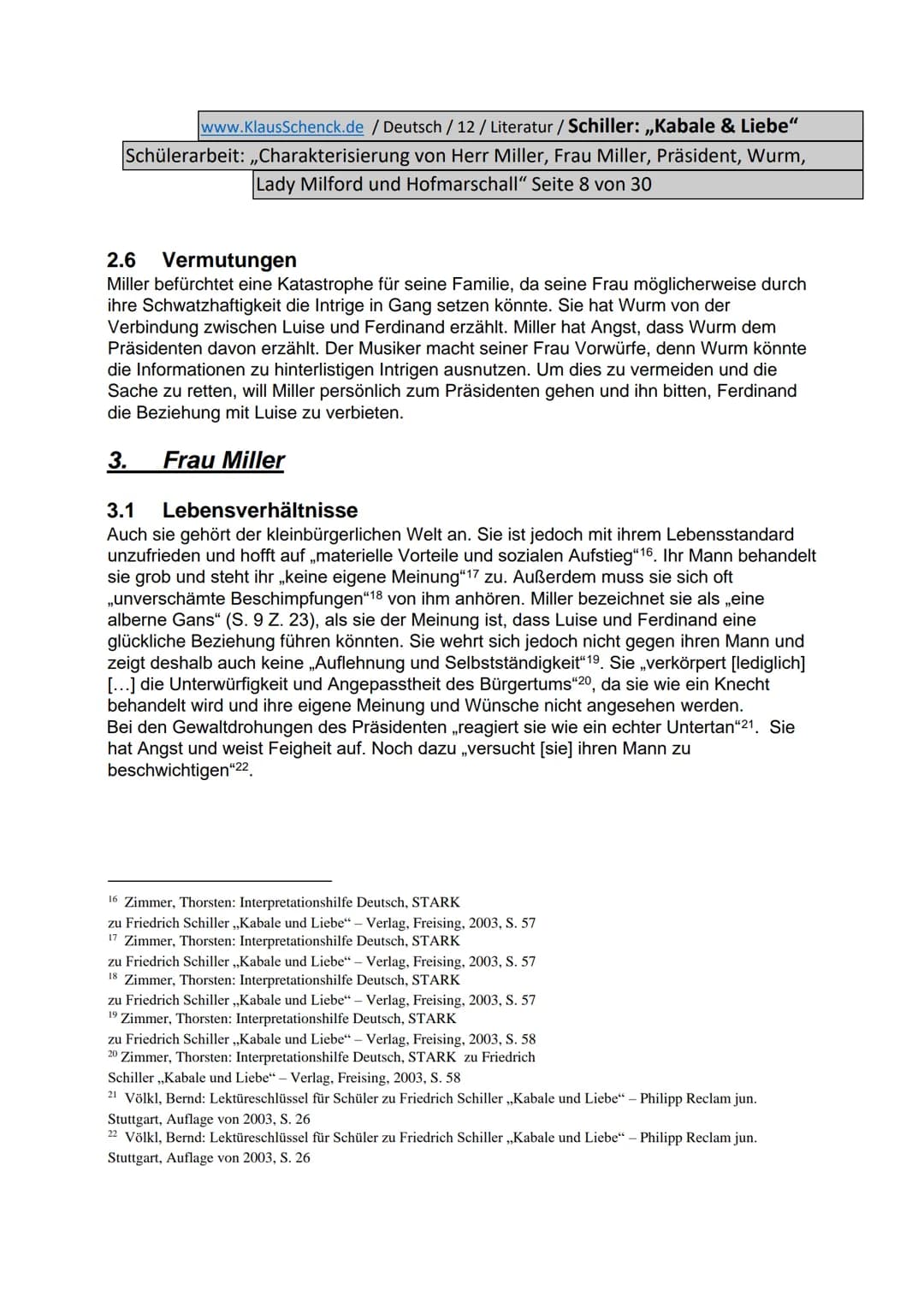 www.KlausSchenck.de / Deutsch / 12/ Literatur / Schiller: „Kabale & Liebe"
Schülerarbeit: ,,Charakterisierung von Herr Miller, Frau Miller, 