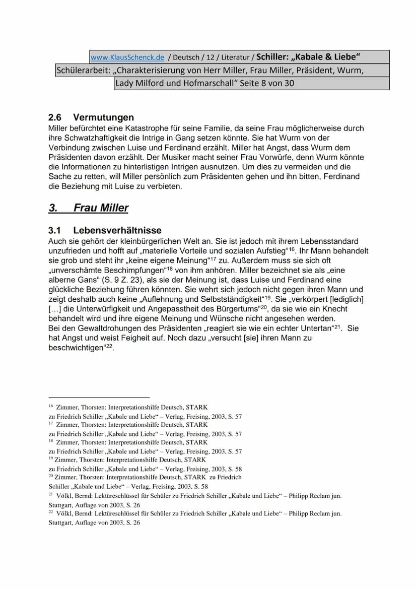 www.KlausSchenck.de / Deutsch / 12/ Literatur / Schiller: „Kabale & Liebe"
Schülerarbeit: ,,Charakterisierung von Herr Miller, Frau Miller, 
