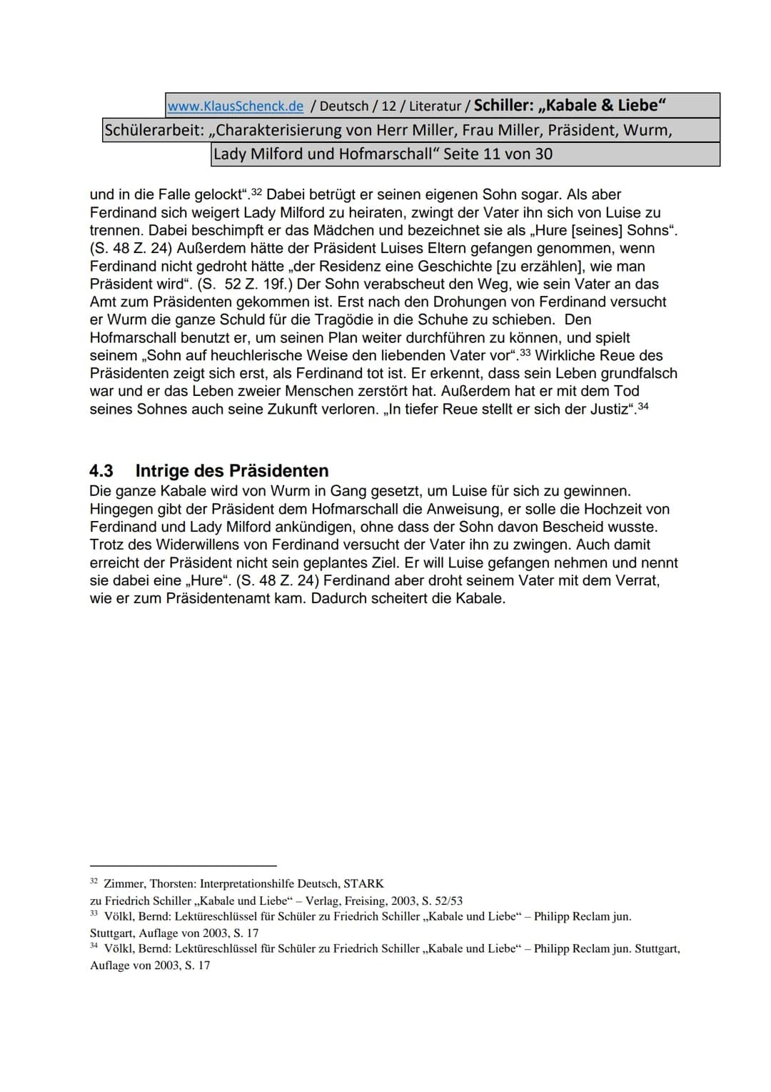 www.KlausSchenck.de / Deutsch / 12/ Literatur / Schiller: „Kabale & Liebe"
Schülerarbeit: ,,Charakterisierung von Herr Miller, Frau Miller, 
