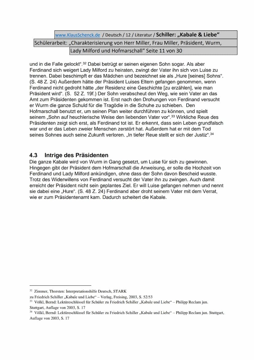 www.KlausSchenck.de / Deutsch / 12/ Literatur / Schiller: „Kabale & Liebe"
Schülerarbeit: ,,Charakterisierung von Herr Miller, Frau Miller, 