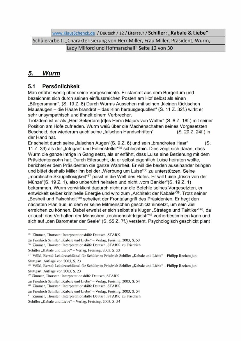 www.KlausSchenck.de / Deutsch / 12/ Literatur / Schiller: „Kabale & Liebe"
Schülerarbeit: ,,Charakterisierung von Herr Miller, Frau Miller, 