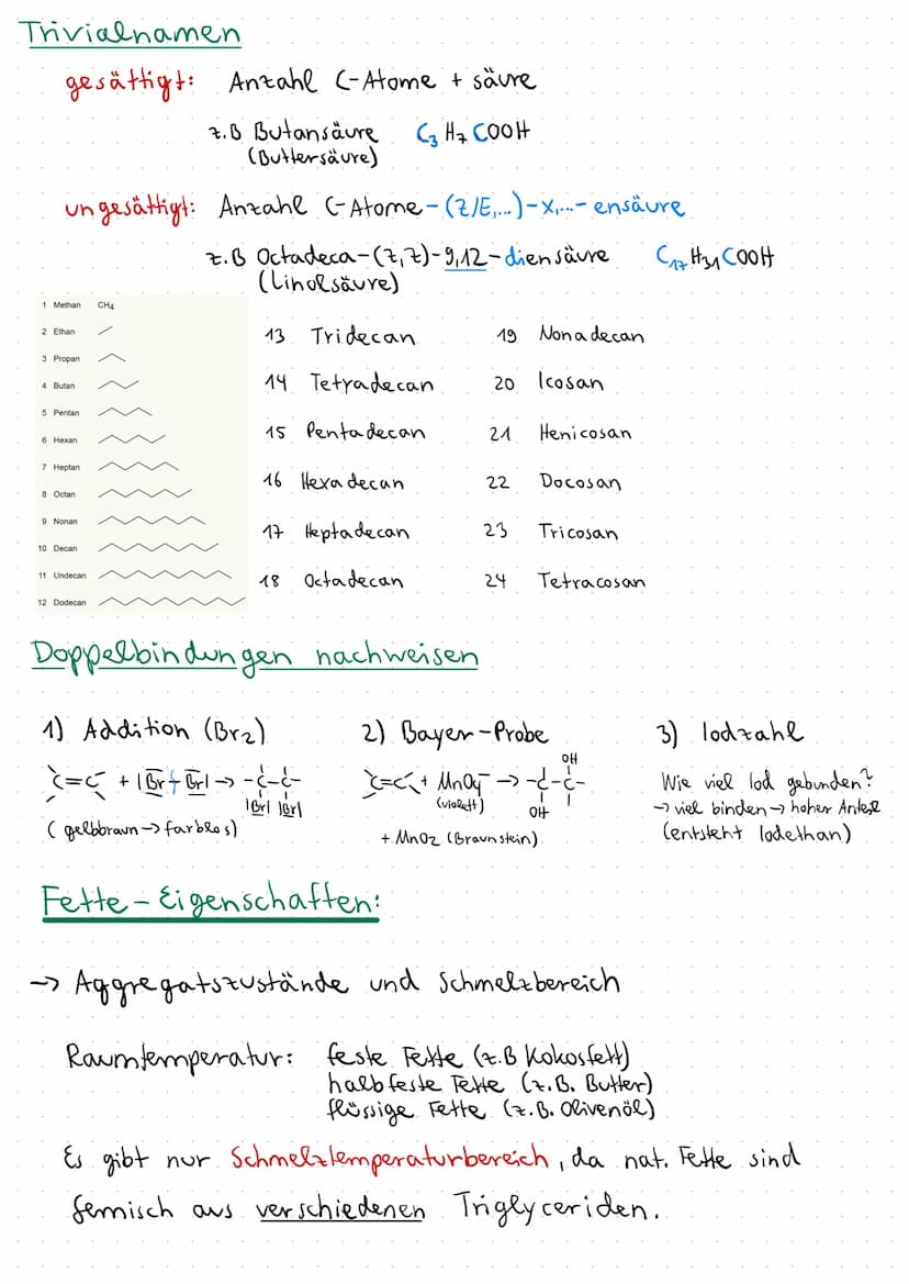 Fette und Fettsäuren
→ Ether aus Glycerin (Propan-1,2,3-triol) und Fettsäuren
-> nat vorkommende Fette (- Neutral fette) heißen Triglyceride
