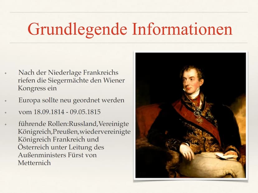 Wiener Kongress ●
●
●
Inhaltsverzeichnis
Grundlegende Informationen
Hauptziele des Wiener Kongresses
Verhandlungen
Deutscher Bund
Kongressak
