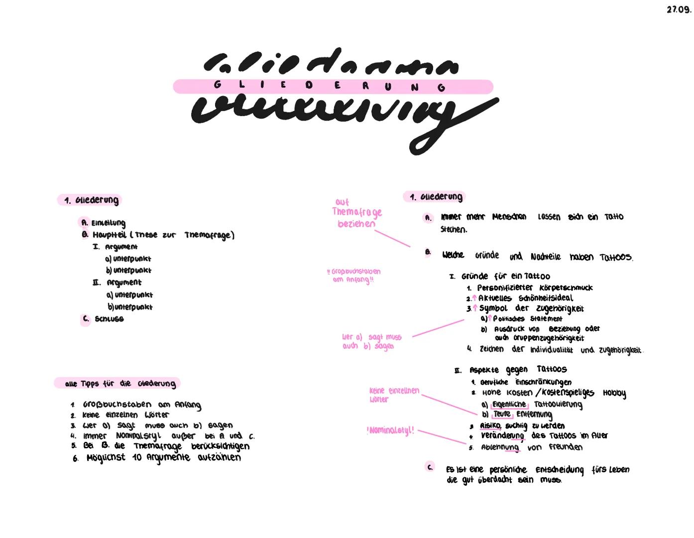 1. Gliederung
A. Einleitung
8. Houpheil ( These zur Themafrage)
I. Argument
a) unterpunkt
b) unterpunkt
II. Argument
a) unterpunkt
b) unterp
