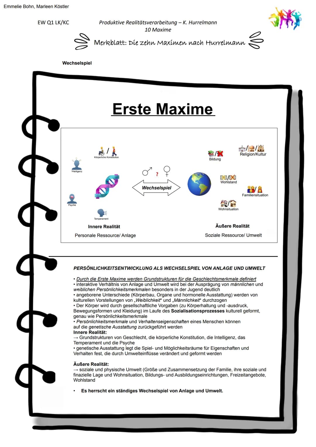 Emmelie Bohn, Marleen Köstler
EW Q1 LK/KC
Wechselspiel
Intelligenz
Psyche
Produktive Realitätsverarbeitung - K. Hurrelmann
10 Maxime
Merkbla