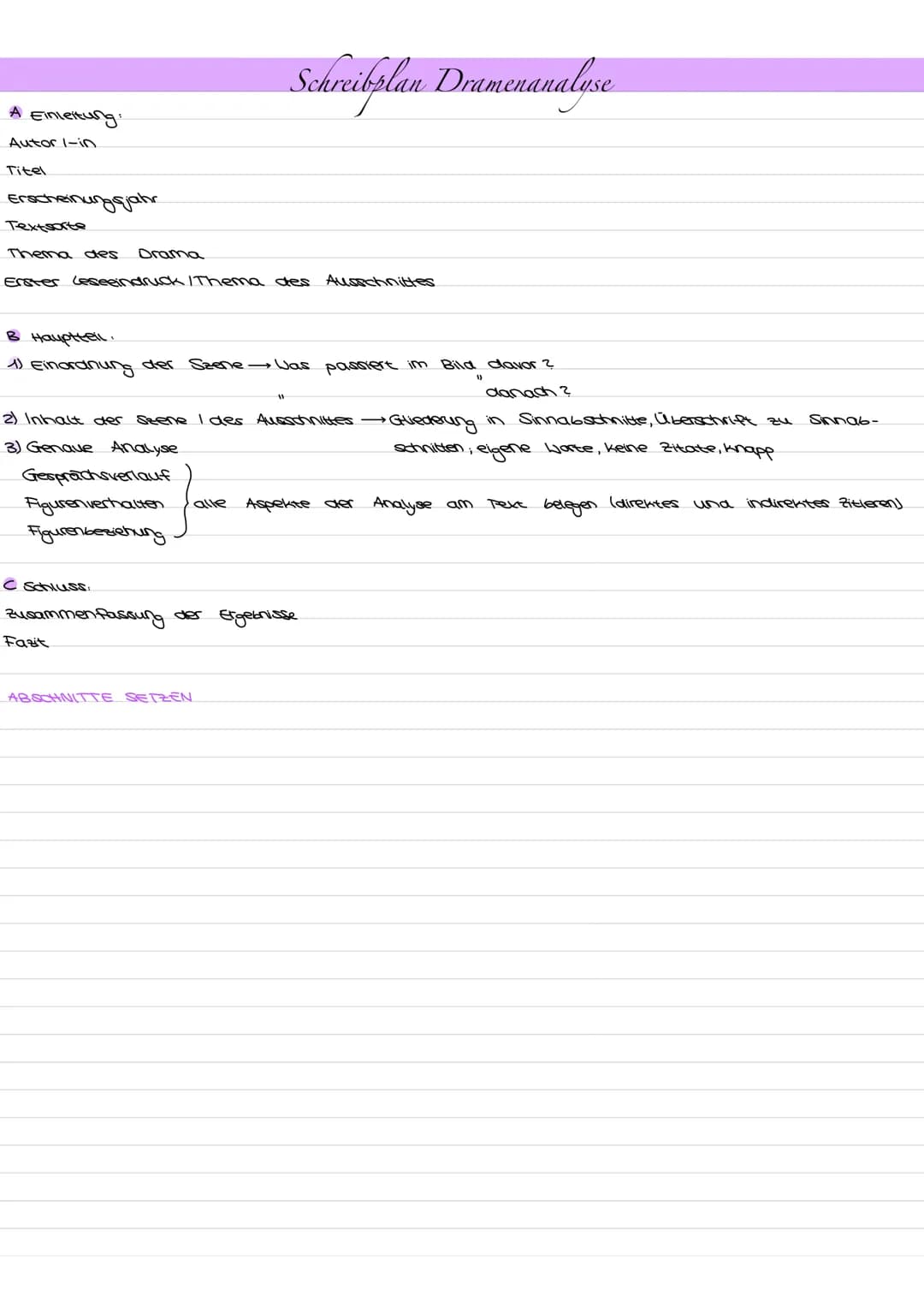 A Einleitung:
Autor 1-in
Titel
Erscheinungsjahr
Textsorte
Thema des
Erster Leseeindruck /Thema des
Drama
B Haupttell.
1) Einordnung der Szen