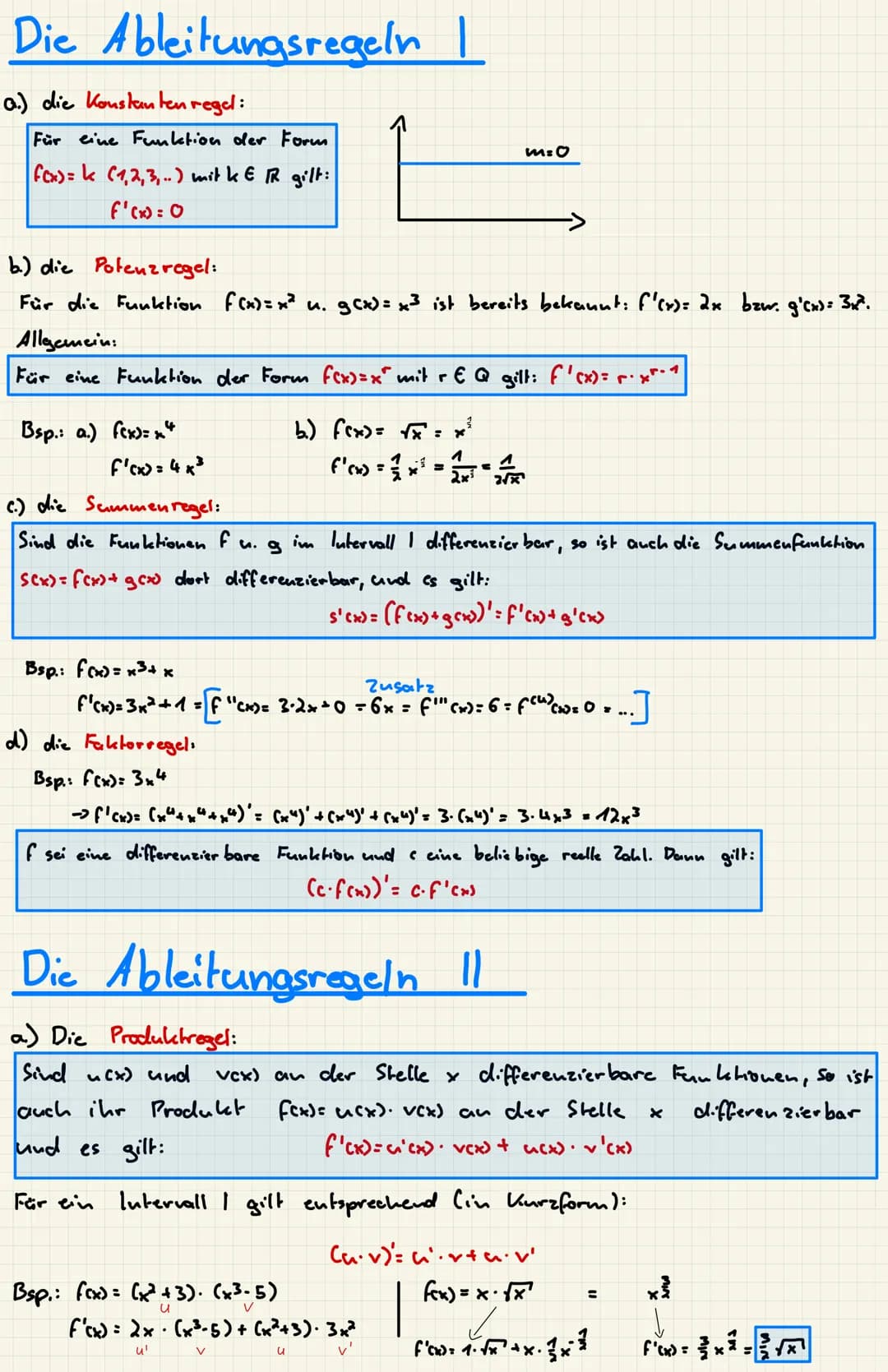 Die Ableitungsregeln |
a.) die Konstanten regel:
Für eine Funktion der Form
f(x) = k (1,2,3,..) mit KE RR gilt:
f'(x) = 0
b.) die Potenzrege