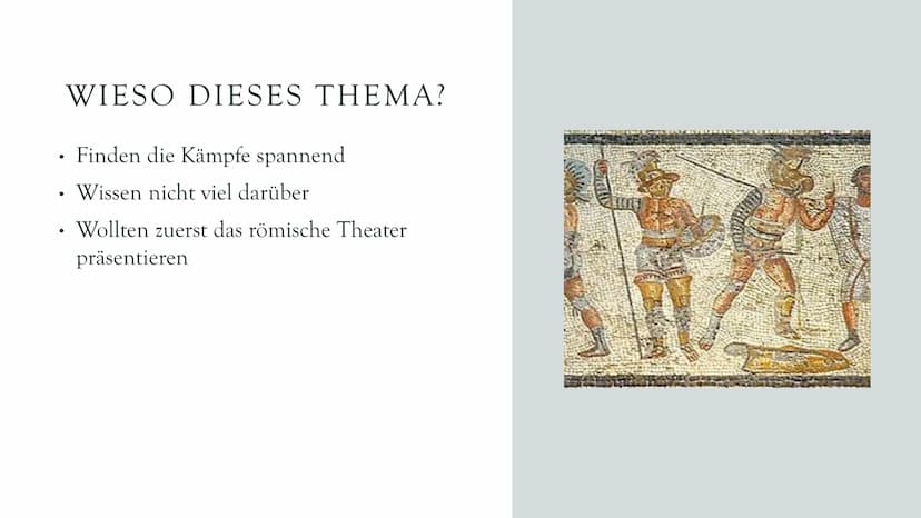 DER
GLADIATOR ●
WIESO DIESES THEMA?
Finden die Kämpfe spannend
Wissen nicht viel darüber
Wollten zuerst das römische Theater
präsentieren IN