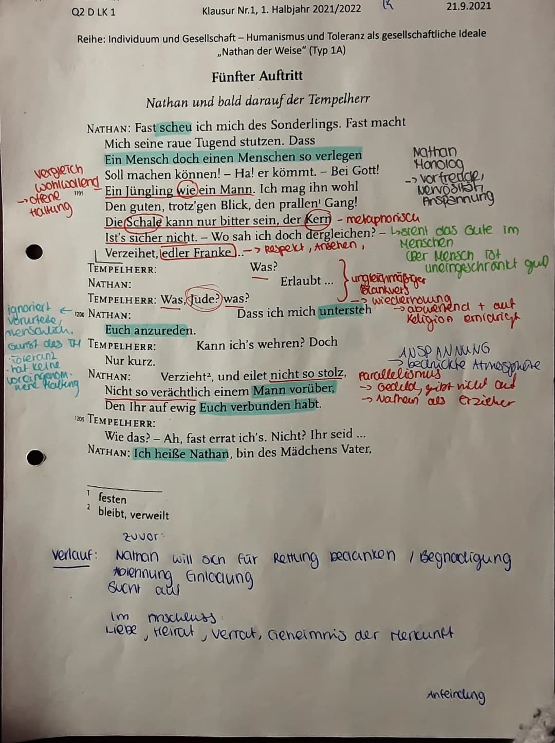 hartnäckig. Er gibt nicht auf.
(vgl. 2.1304f.) Nun folgt die
thonfliktlösung. Nathan bielet
dem Tempelherrn eine Freund
Schaft" (Uge 2 130 u
