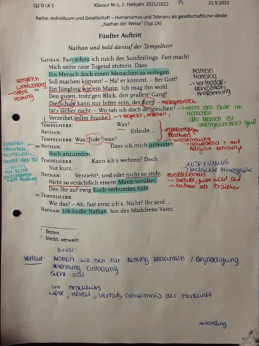 hartnäckig. Er gibt nicht auf.
(vgl. 2.1304f.) Nun folgt die
thonfliktlösung. Nathan bielet
dem Tempelherrn eine Freund
Schaft" (Uge 2 130 u