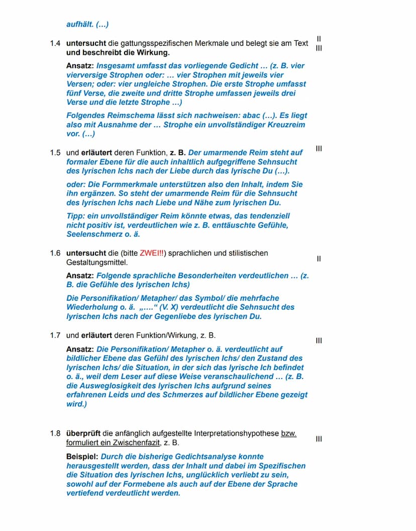 aufhält. (...)
1.4 untersucht die gattungsspezifischen Merkmale und belegt sie am Text
und beschreibt die Wirkung.
Ansatz: Insgesamt umfasst