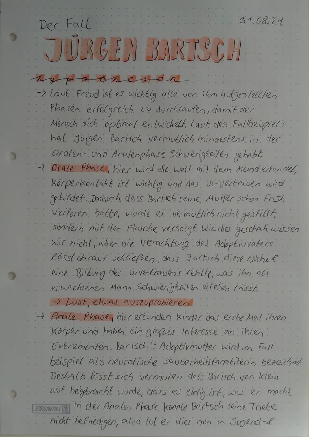 31.08.24
Der Fall
JÜRGEN BARTSCH
hypothesen
-> Laut Freud ist es wichtig, alle von ihm aufgestellten
Phasen erfolgreich zu durchlaufen, dami