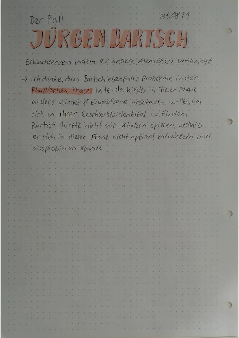 31.08.24
Der Fall
JÜRGEN BARTSCH
hypothesen
-> Laut Freud ist es wichtig, alle von ihm aufgestellten
Phasen erfolgreich zu durchlaufen, dami