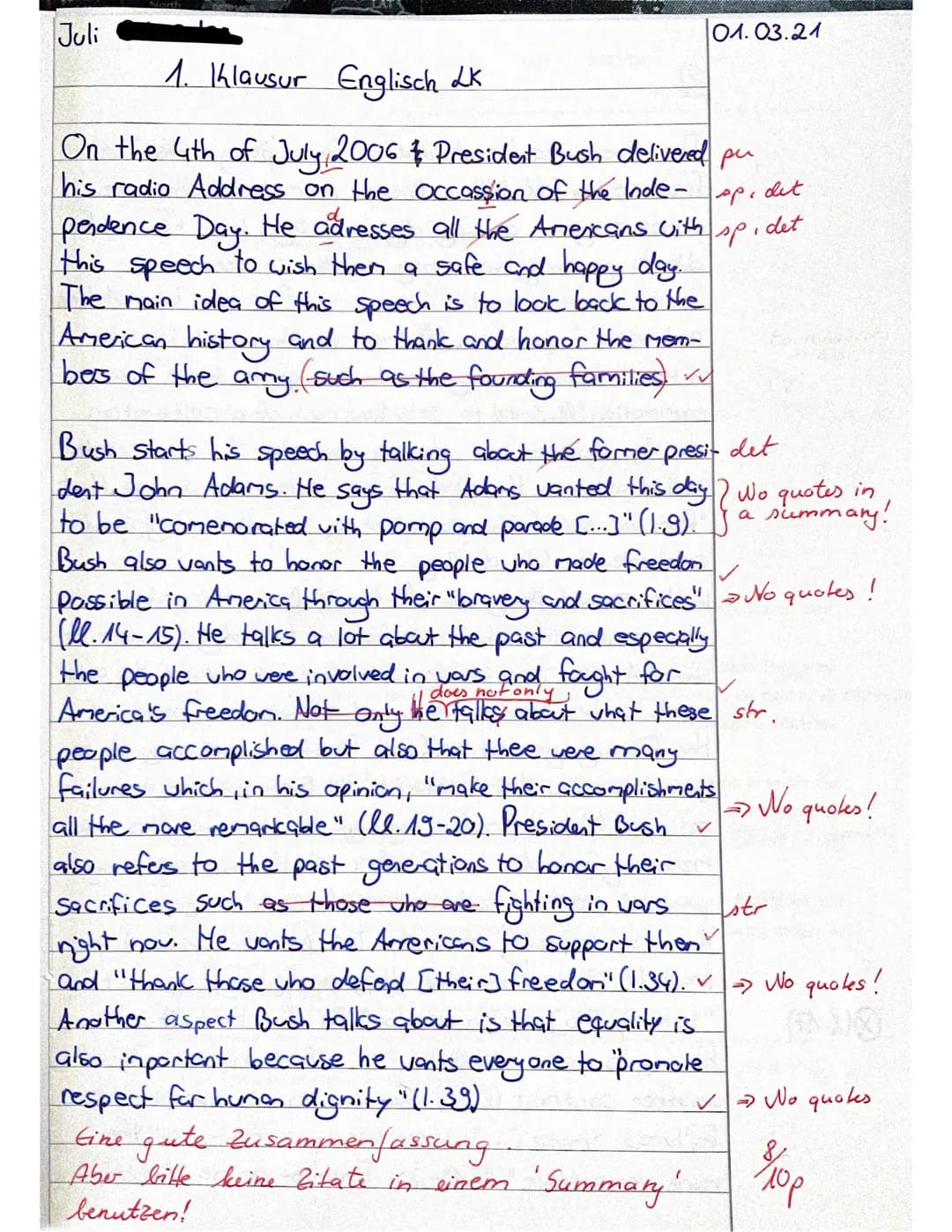 Juli
01.03.21
1. Klausur Englisch LK
On the 4th of July 2006 & President Bush delivered pu
his radio Address on the occassion of the Inde-
p