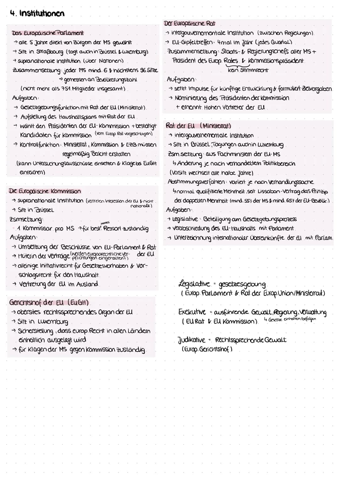 4. Institutionen
Das Europäische Parlament
→ alle 5 Jahre direkt von Bürgern der MS gewählt
→ Sitz in Straßbourg (tagt auch in Brüssel & Lux