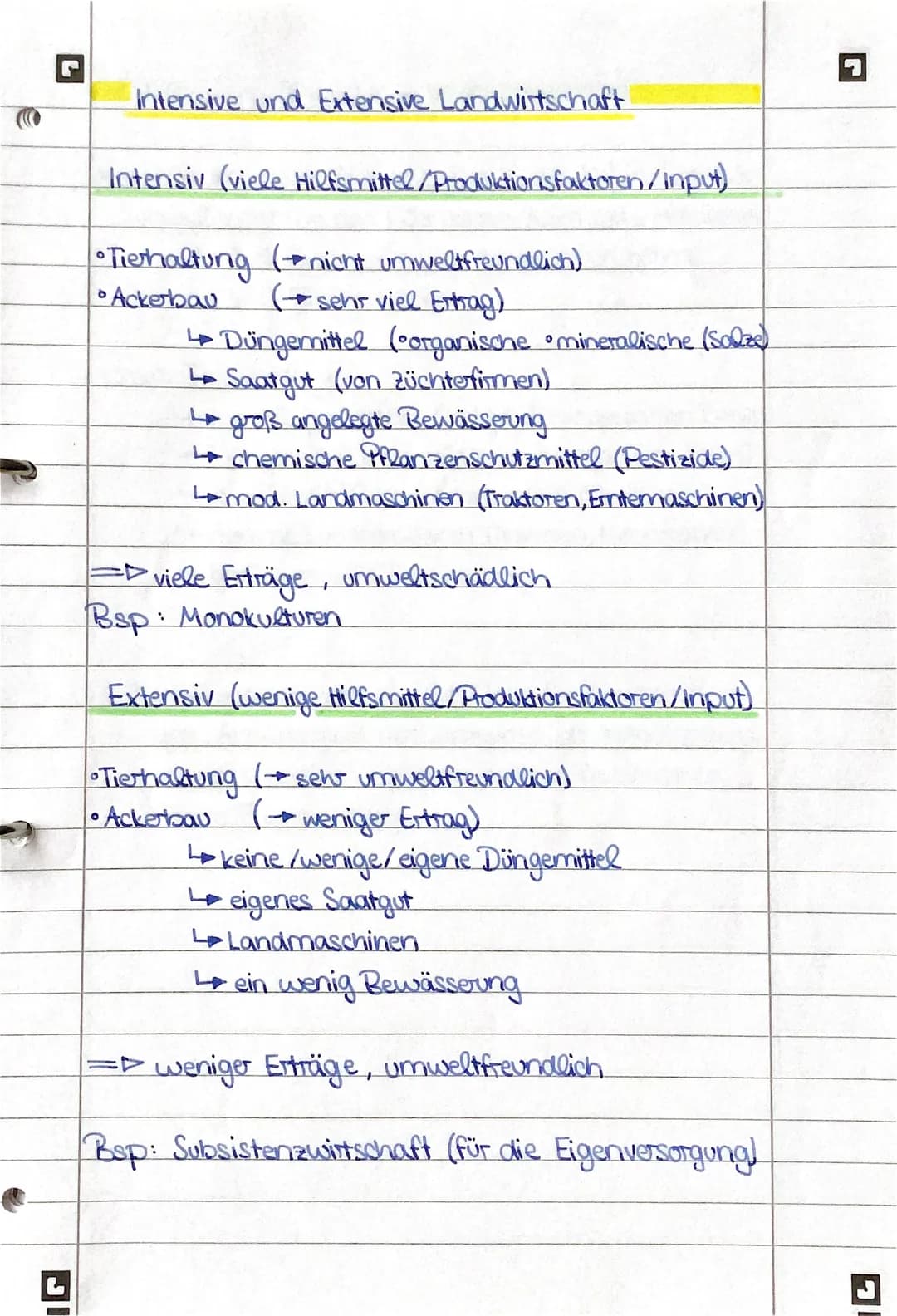 G
J
Intensive und Extensive Landwirtschaft
Intensiv (viele Hilfsmittel /Produktionsfaktoren/input)
•Tierhaltung (= nicht umweltfreundlich)
(