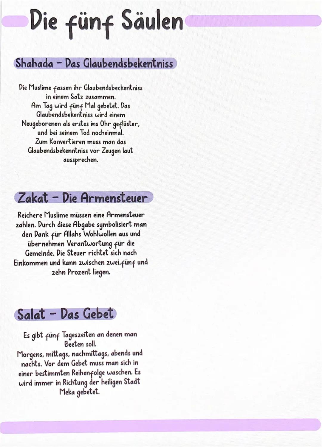 # Die fünf Säulen

Shahada Das Glaubendsbekentniss

Die Muslime fassen ihr Glaubendsbeckentniss
in einem Satz zusammen.
Am Tag wird fünf Mal