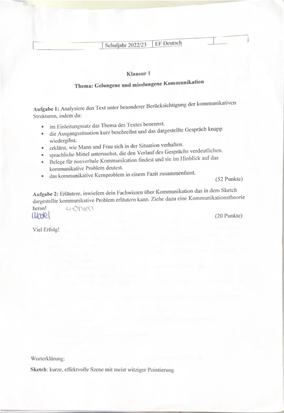 Schuljahr 2022/23 EF Deutsch
Klausur 1
Thema: Gelungene und misslungene Kommunikation
Aufgabe 1: Analysiere den Text unter besonderer Berück