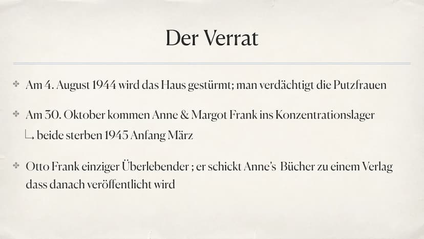 F
Anne Frank
INO
OUH Inhaltsangabe
* allgemeine Fakten
* Ihr Leben am Anfang des Nationalsozialismus
* Leben in Angst
* Anne Franks Tagebuch