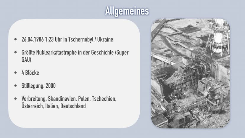 Tschernobyl-Die Nuklearkathastrophe 1. Allgemeines
2. Was ist passiert?
3. Folgen
Gliederung
3.1 Umwelt
3.2 Gesundheitliche Folgen
3.3 Betri