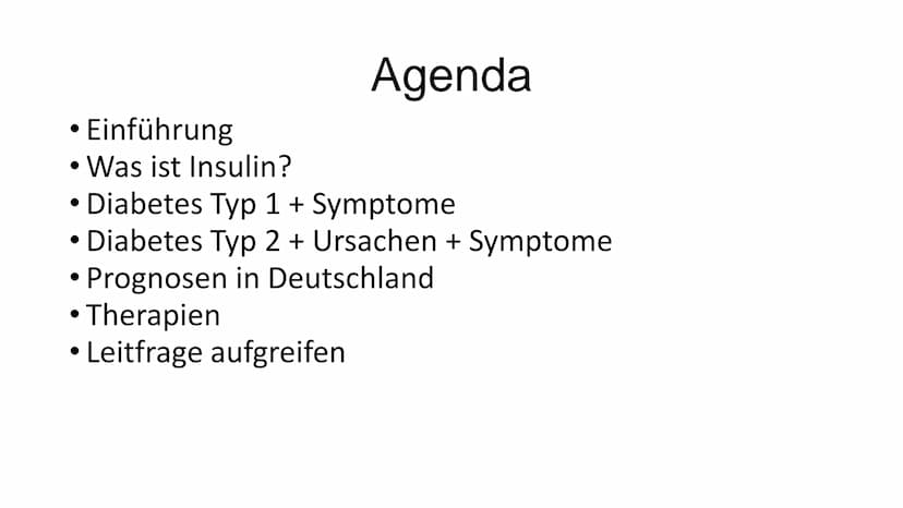 Diabetes Typ 1 und 2
01
STOP
DIABETES • Einführung
• Was ist Insulin?
●
Agenda
Diabetes Typ 1 + Symptome
Diabetes Typ 2 + Ursachen + Symptom