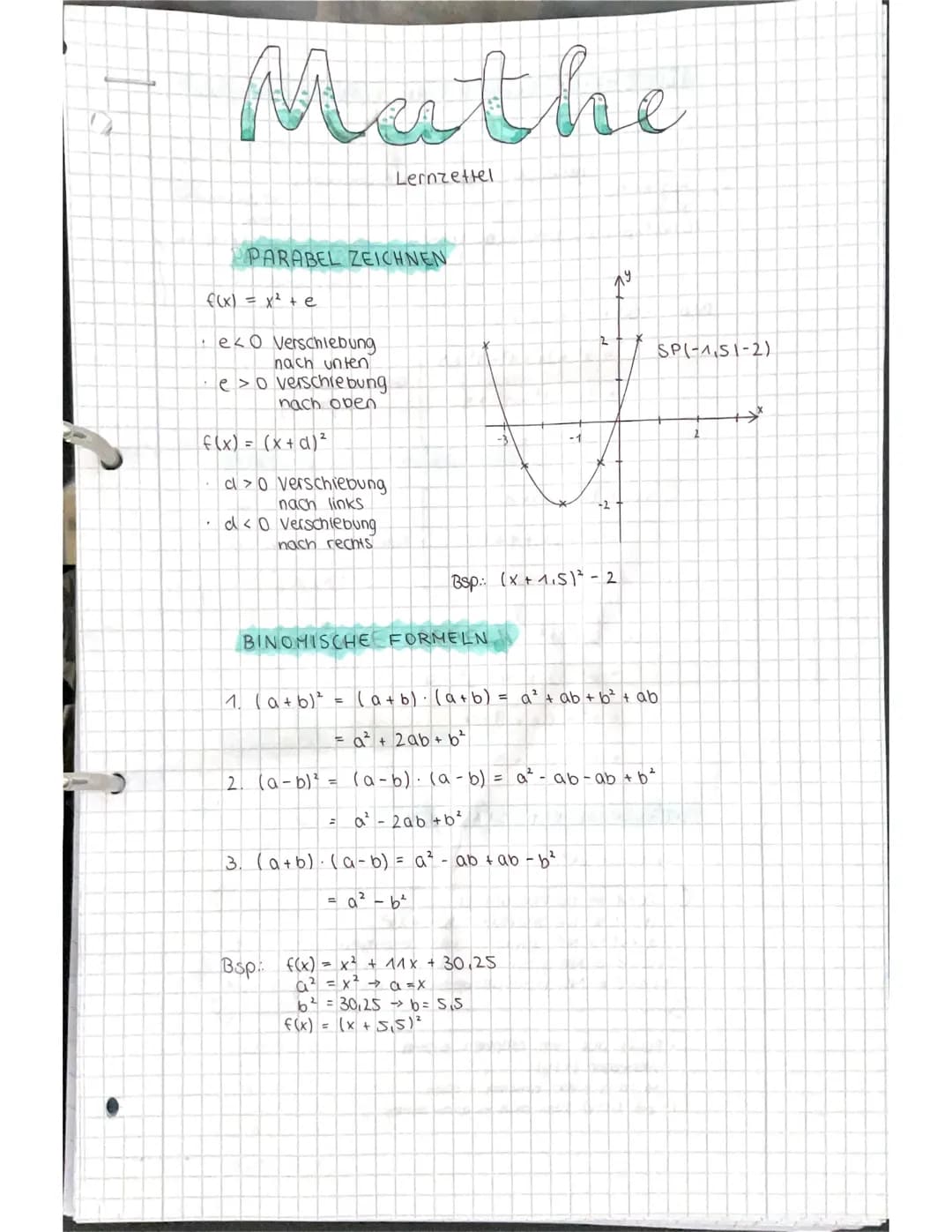Mathe
f(x) = x² + e
·ek 0 Verschiebung
nach unten
·e >0 verschiebung
nach oben
.
PPARABEL ZEICHNEN
f(x) = (x + c)²
d>0 verschiebung
nach lin