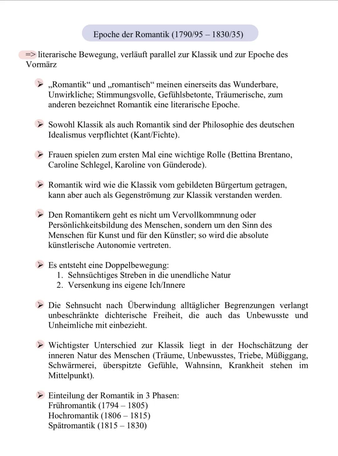 Epoche der Romantik (1790/95 - 1830/35)
=> literarische Bewegung, verläuft parallel zur Klassik und zur Epoche des
Vormärz
,,Romantik" und ,